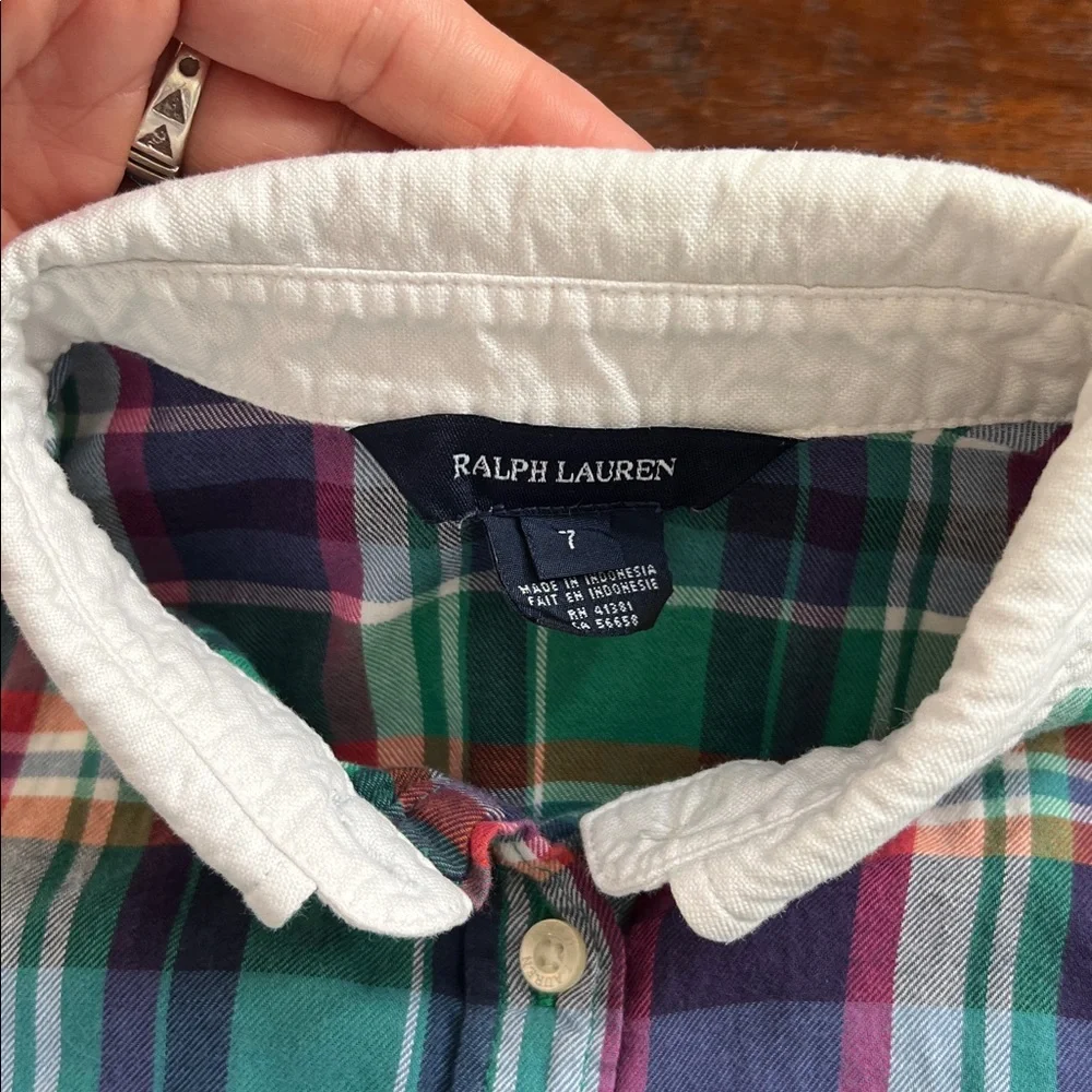 RALPH LAUREN Midi Shirt Dress Flounce Hem Girls Multicolor Madras Plaid Size 7